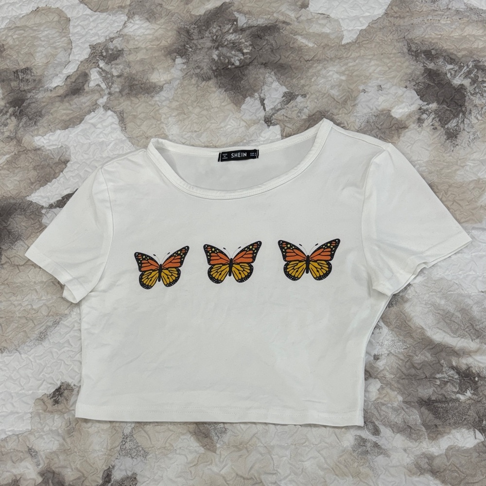 SHEIN White Crop Top with Butterfly Design